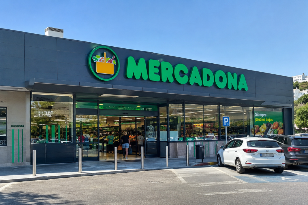 Moderner Mercadona-Supermarkt bei Sonnenschein